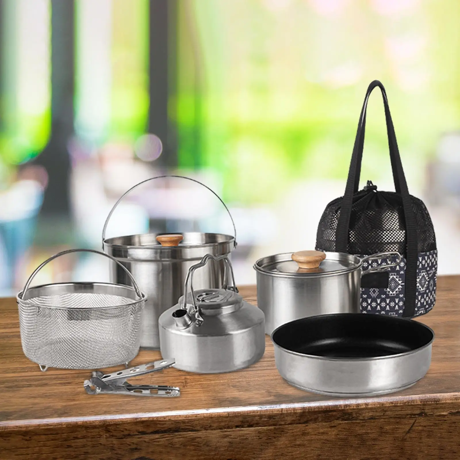 Stainless Steel Pot Set Outdoor Camping Family Pot Set Portable Picnic Soup Pot Frying Steaming Household Cookware Pot