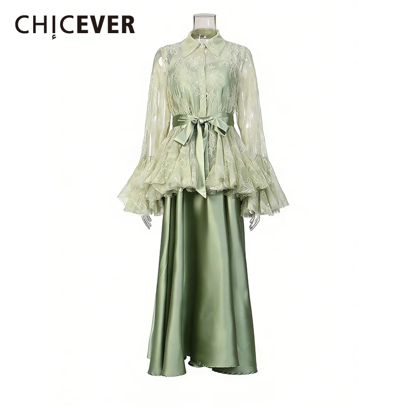 

CHICEVER Solid Spliced Lace Two Piece Set Female Lapel Long Sleeve Shirt French Luxury Women's Dress Sets Autumn Fashion Style