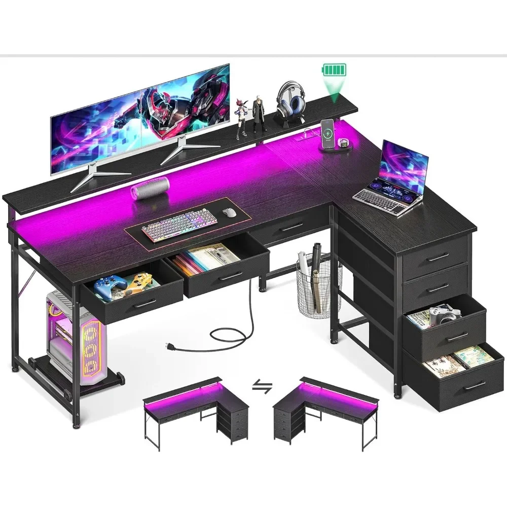 

L Shaped Desk with 7 File Drawers, Gaming Desk with LED Light & Power Outlet, Reversible Home Office Desks with Monitor Shelf