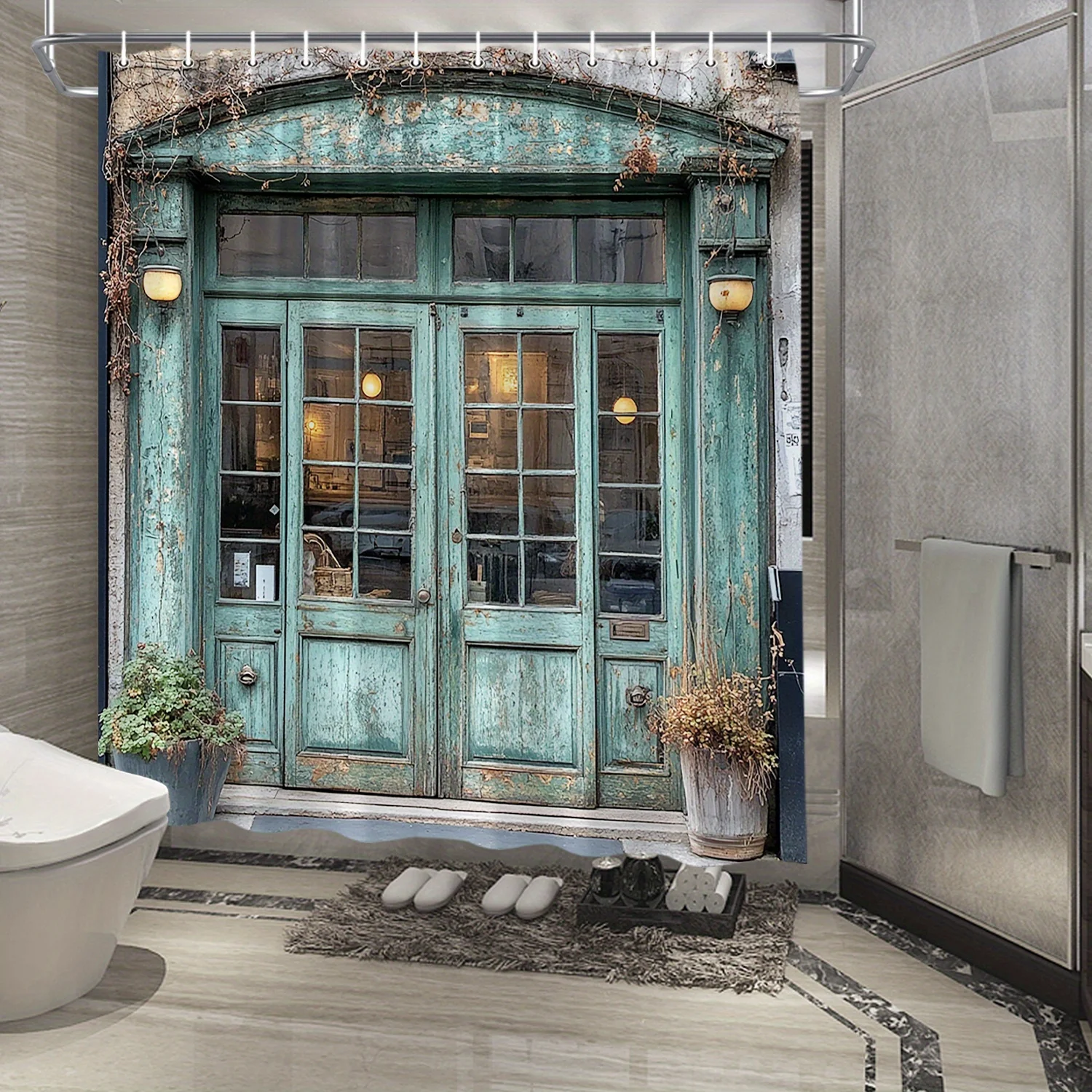 

Vintage Green Wooden Door with Glass Panels and Plants Shower Curtain Machine Washable All Season Waterproof Durable materials