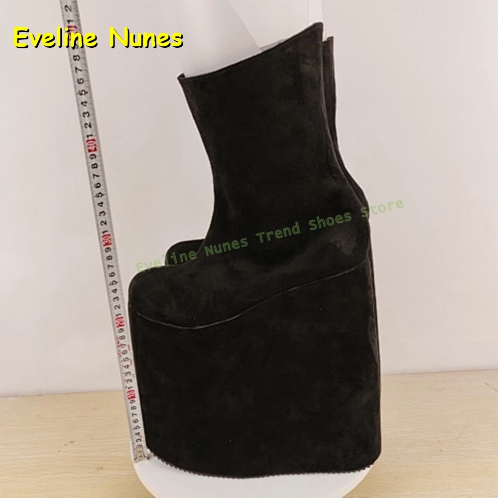 Black Faux Suede Mid-Calf Boots Round Toe Height Increase Solid Pull On Punk Cosplay Y2K Cool Dark Style Knee High Boots Summer view 4