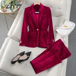 ZJYT Elegant Women's Blazer Pants Sets Autumn Winter One Button Velvet Jacket Trousers Suit Office Lady Outfit Matching Set Red