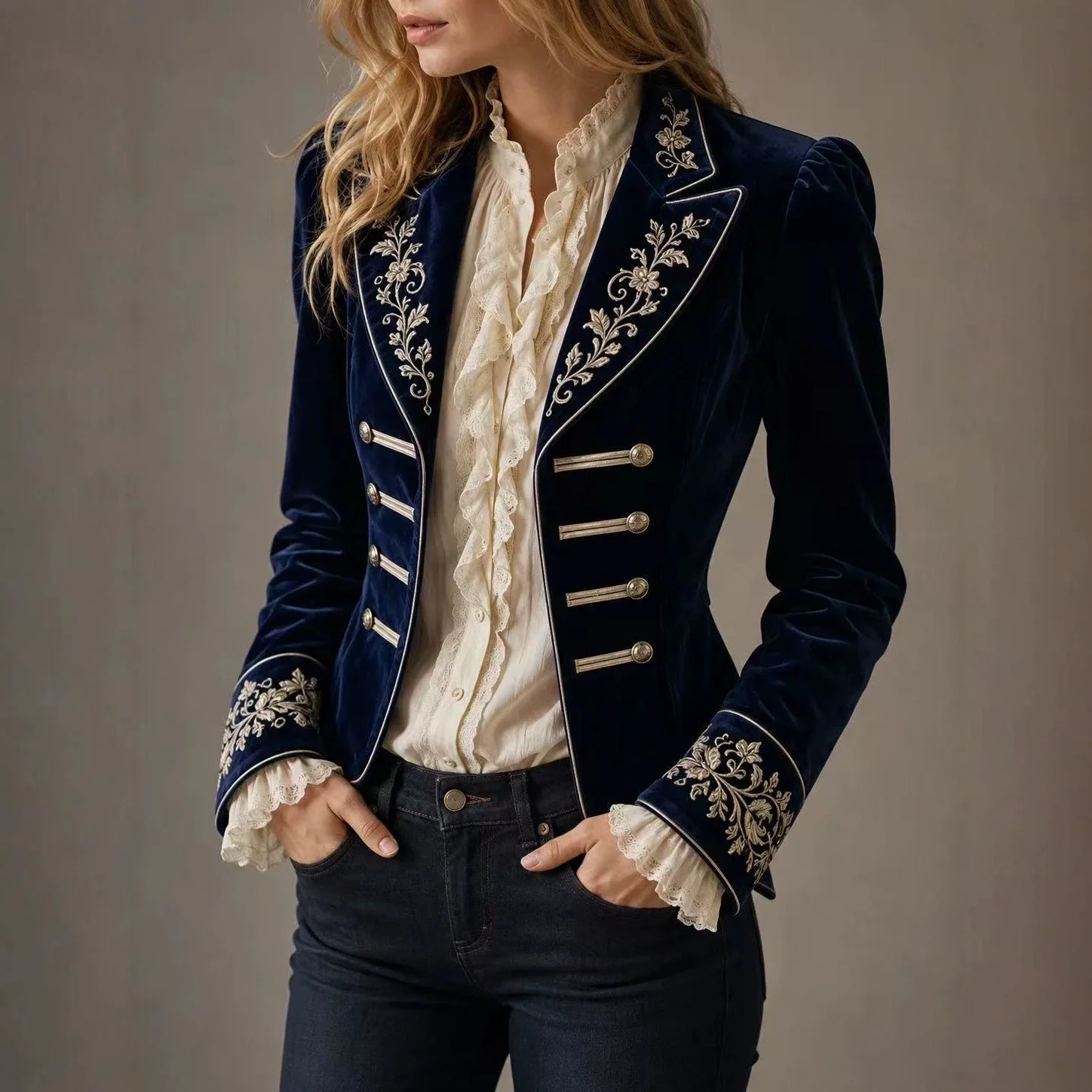 Women Vintage Velvet Cropped Jacket Floral Embroidery Lapel Long Sleeve Double Breasted Elegant Victorian Retro Outerwear Coat
