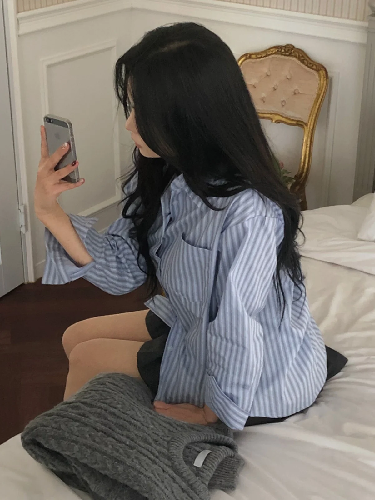 Spring Stripe irt Women's Chic New Retro Turn-down Collar Single Button Sweet Top Korean Sle Loose Fit Long Sve  C...