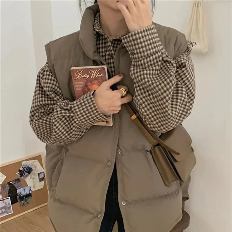 Single Breasted Cotton Vest Women Loose Sleeveless Cotton Jackets Woman Autumn Winter Stand Collar Warm Vest Outwear Mujer