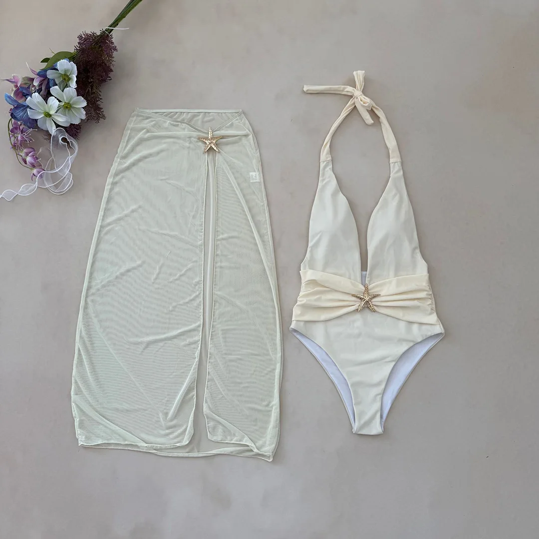 Sexy mit Rock, tiefem V-Ausschnitt, Metallstern, Damen-Badeanzug, einteiliger Badeanzug, rückenfreier Monokini, Badebekleidung, Badeanzug, Modell V6816. – Detail 15
