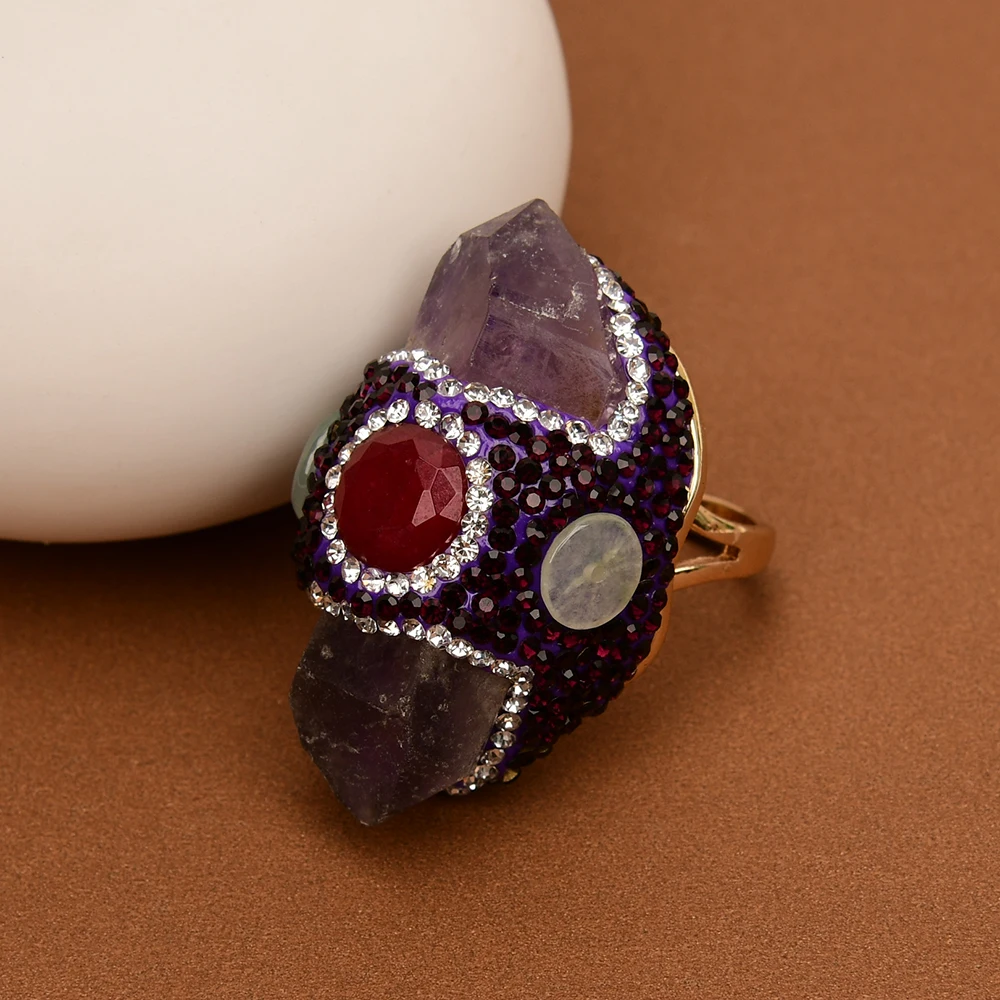 

GG Natural Purple Amethyst Point Druzy Green Jade Red Crystal Finger Ring Gold Plated Adjustable Gems Ring For Lady