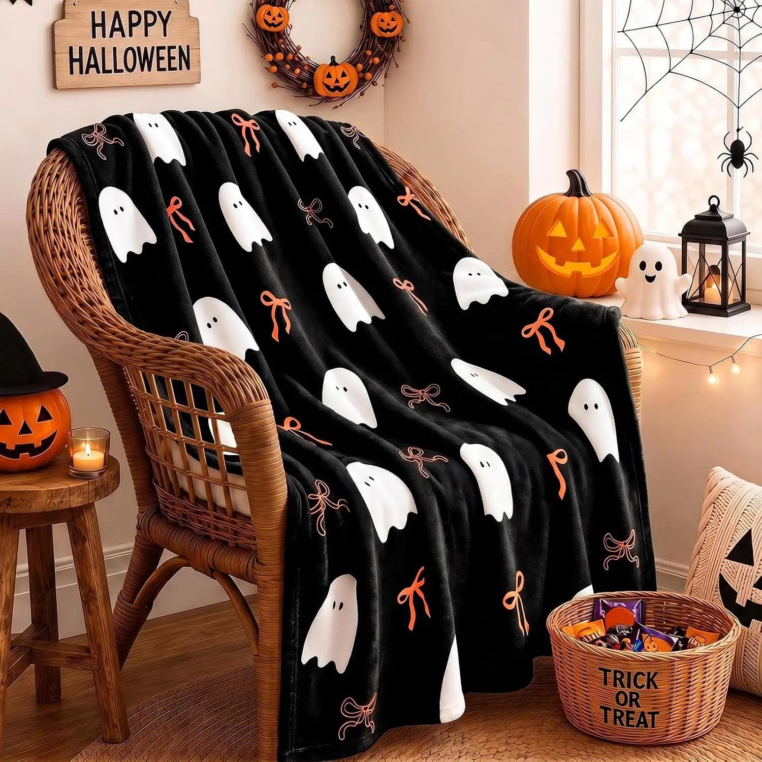Mocsicka Halloween Ghost Throw Blanket (50x59 inch, Boo & Orange Bow) |   Cute Ghost Bow Soft Washable Blanket for Bed Couch Chair, Home Living Room Decor