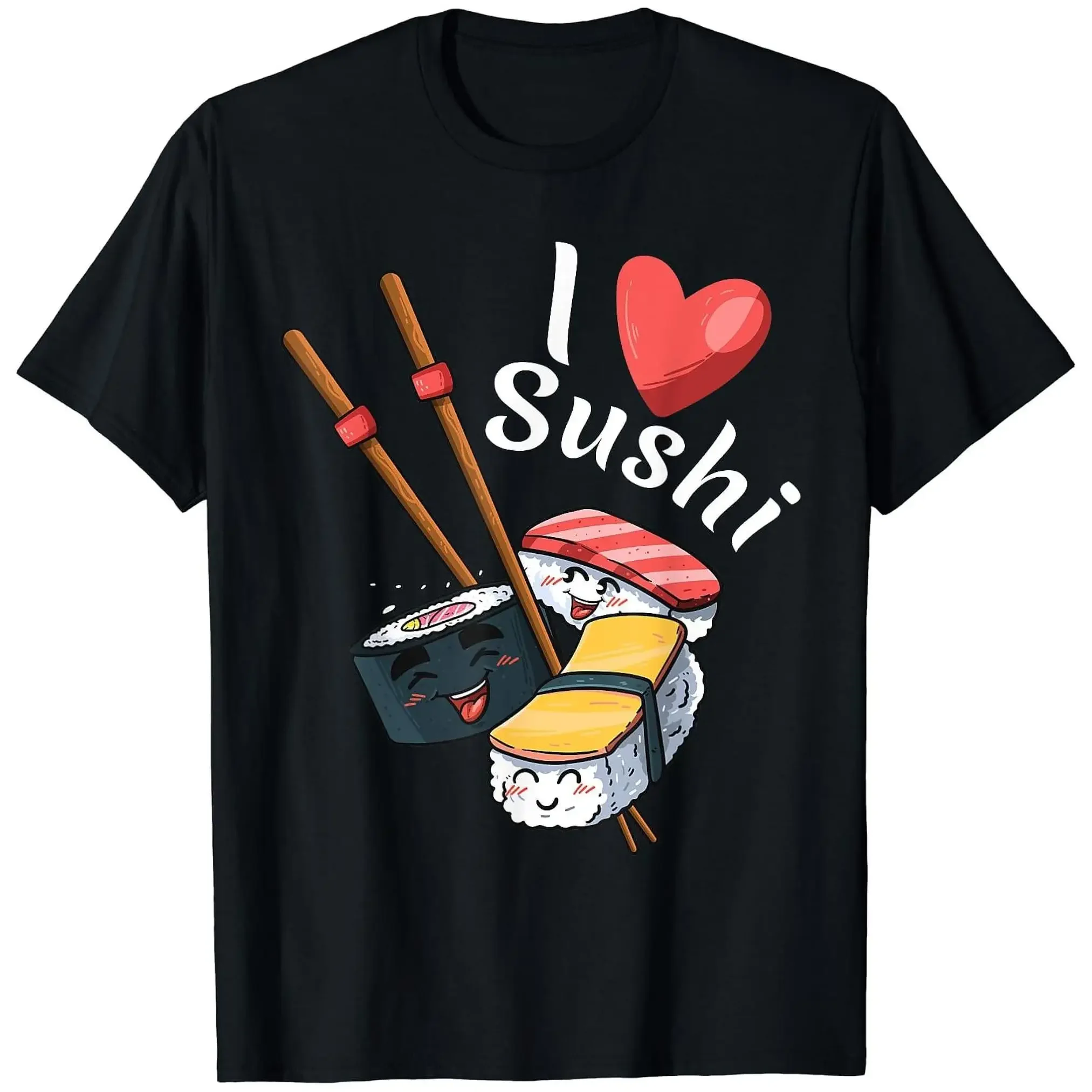 

Cute I Love Sushi Graphic Men's Cotton T-Shirt Funny Kawaii Food Lover Round Neck T-shirt