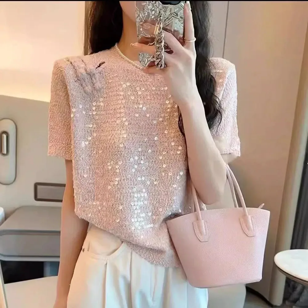 2024 Summer Sweaters For Women Fashion Exquisite Sequin Top Solid Color Short Sleeve Knitwears Ladies Slim Knitted Pullovers New