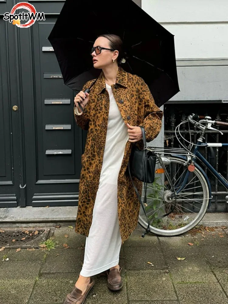 

Vintage Leopard Print Single Breasted Trench Women's Coats Fashion Lapel Long Sleeves Pockets Jackets Autumn Lady Long Outwear