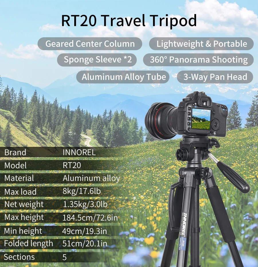 INNOREL RT20 184 cm Höhe Kamerastativ Leichter Reise-Profi-Ständer für DSLR-Handy-Camcorder Gopro Fülllicht – Detail 2
