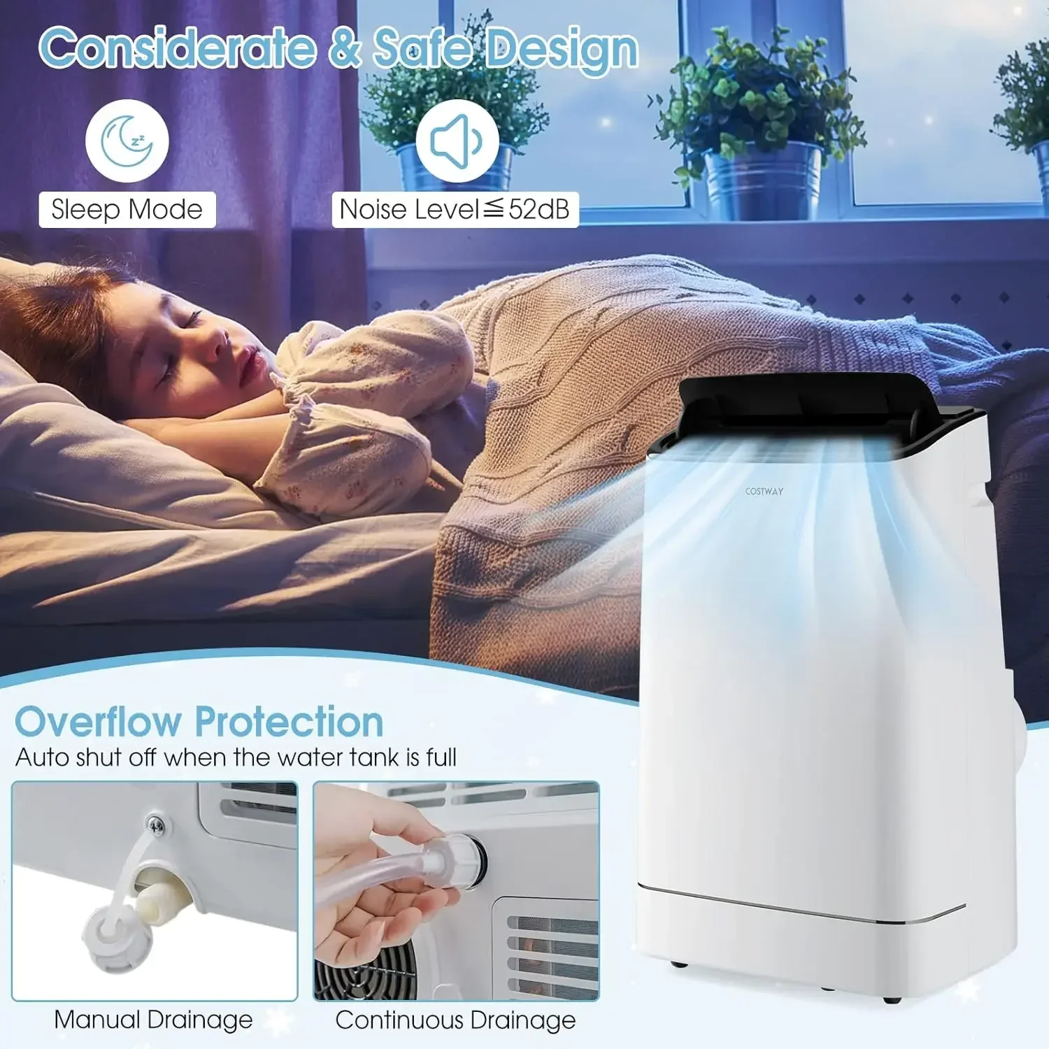 Ar condicionado portátil COSTWAY 15000 BTU, com calor, unidade CA 4 em 1 de balanço automático para salas de até 800 pés quadrados, com embutido