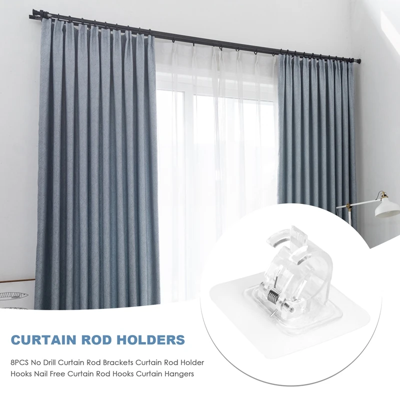 8PCS No Drill Curtain Rod Brackets Curtain Rod Holder Hooks Nail Free Curtain Rod Hooks Curtain Hangers For Home