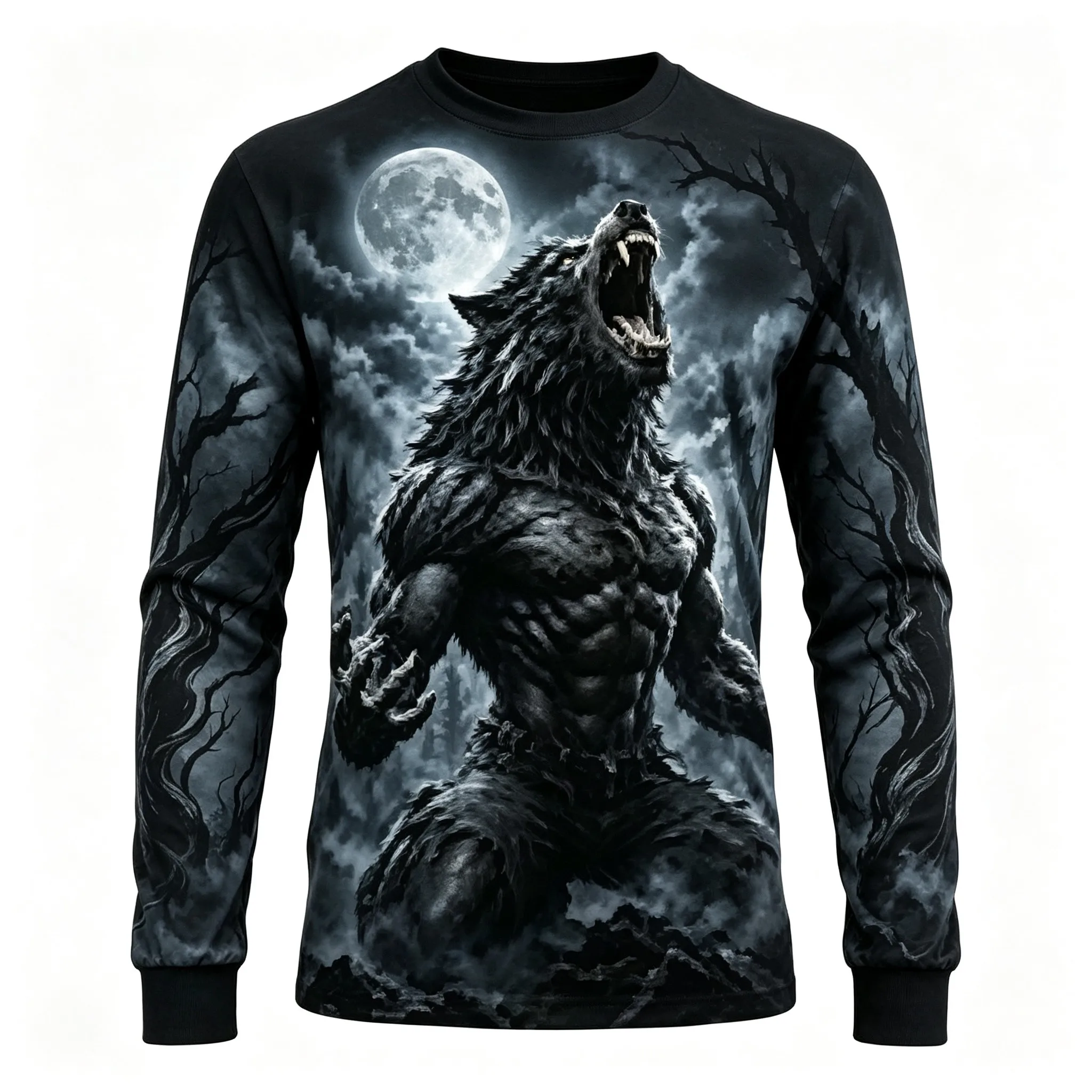 Men's Long Sleeve T-Shirt Werewolf Full Moon 3D Print Gothic Horror Crew Neck Casual Top
