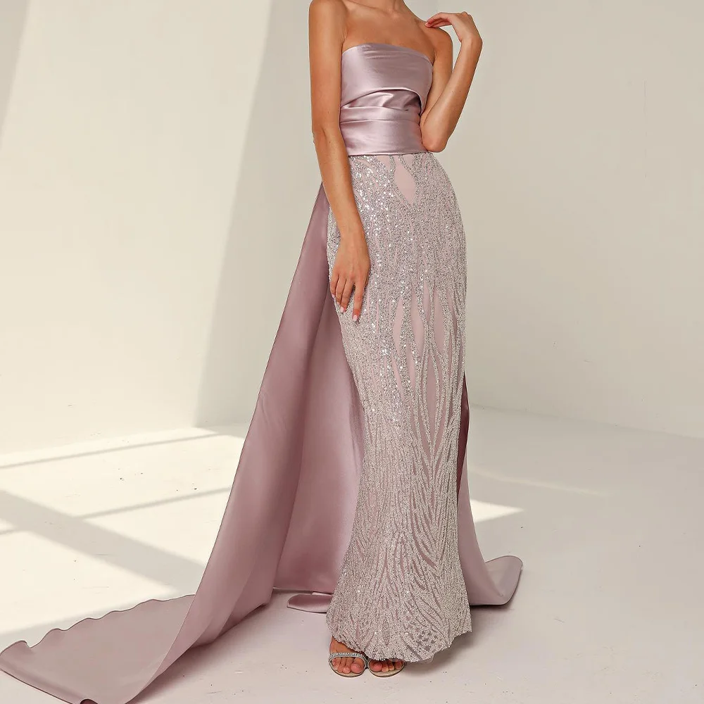 Strapless Sleeveless Sequin Floor Length Mermaid Evening Dress Panel Train Temperament Photo Color Bespoke Occasion Gowns