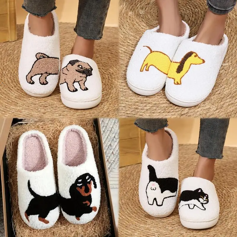 Zapatillas mullidas de plataforma para mujer, zapatos planos de felpa con diseño de perro de dibujos animados, calzado informal a la moda para el hogar, talla grande, Invierno