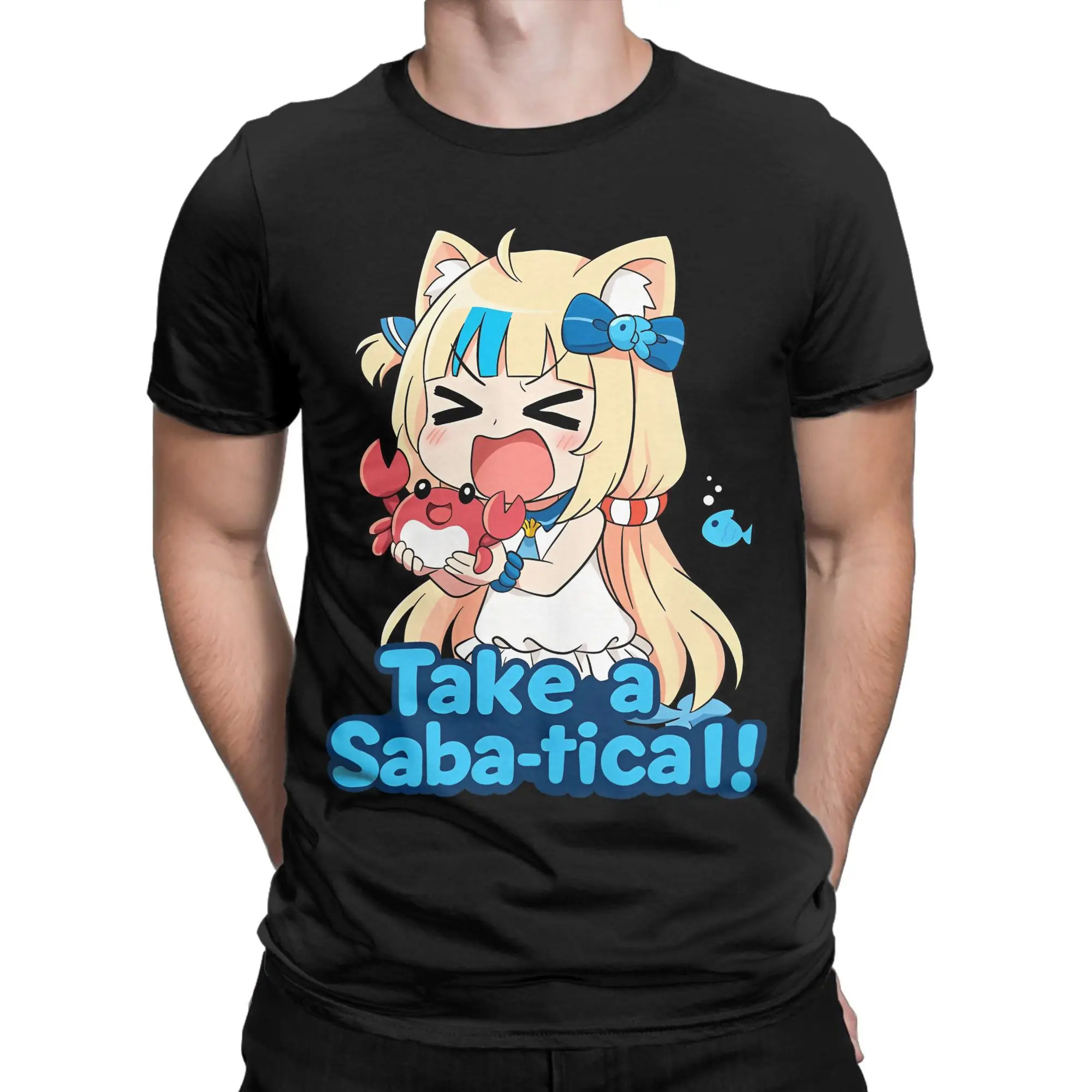 

OMOCAT Sameko Saba VTuber Men's T Shirt Funny Tees Short Sleeve Crew Neck T-Shirts Pure Cotton Summer Tops