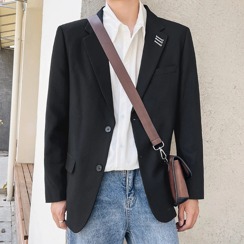 

Ele Briti Preppy Sle Мужской костюм Jaet oulder Pad Bla Western Wear Casual Busin Long Sve Regular Fit