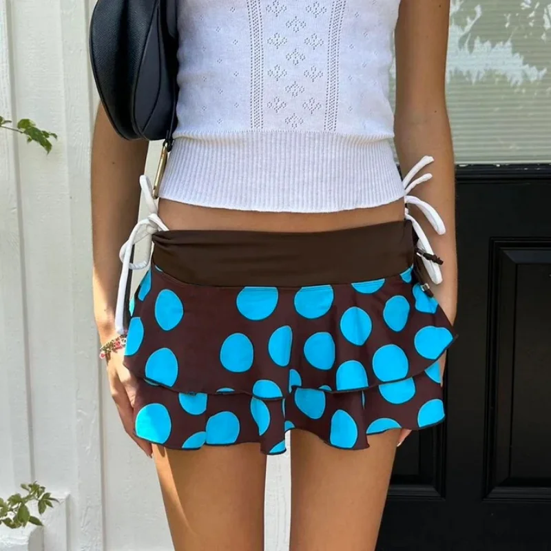 Y2K Niedlicher Polka Dot Print Faltenröcke Damen Chic Layered Rüschen Niedrige Taille A-Linienrock für Partys Party Clubwear