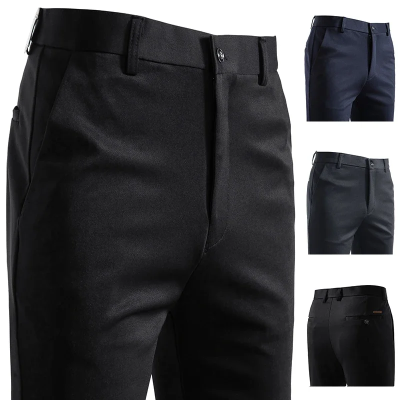 Smooth Surface Men Formal Suit Slacks Straight Silhouette Leather Tag Decor Multi Size Business Travel Daily Trousers