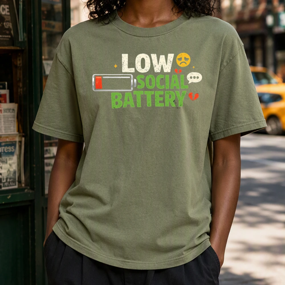 Low Social Battery Battery Girl Minimalist Mental Health Tee Introvert Funny Slogan Shirt Loungewear Relaxing Top