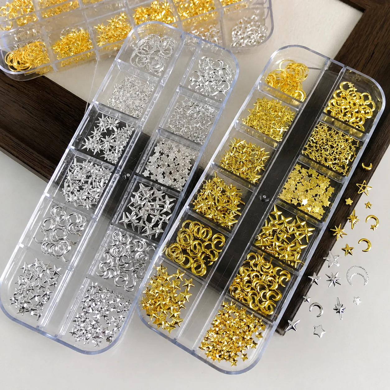 1 Set Nail Art Accessories Set 12 Boxes Gold Silver Metal Studs Star Moon Shapes 3D Charms DIY Decoration for Gel Nails Tips