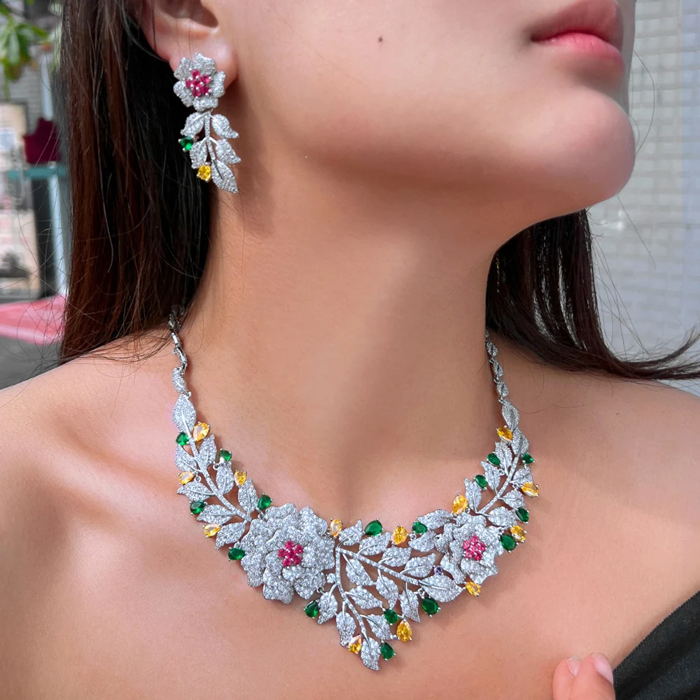 CWWZircons Luxury African Nigerican Cubic Zirconia Gold Color Big Rose Flower Bridal Wedding Necklace Earrings Jewelry Set T0637