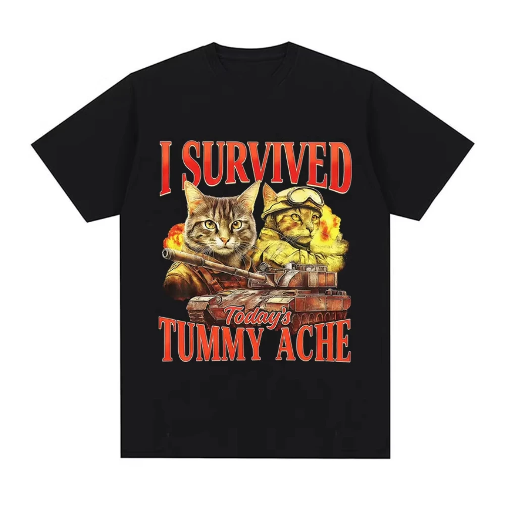 

I Survived Today's Tummy Ache Funny Cat Meme T Shirt Women Fashion High Quality T-shirt Casual Harajuku Short Sleeve T-shirt