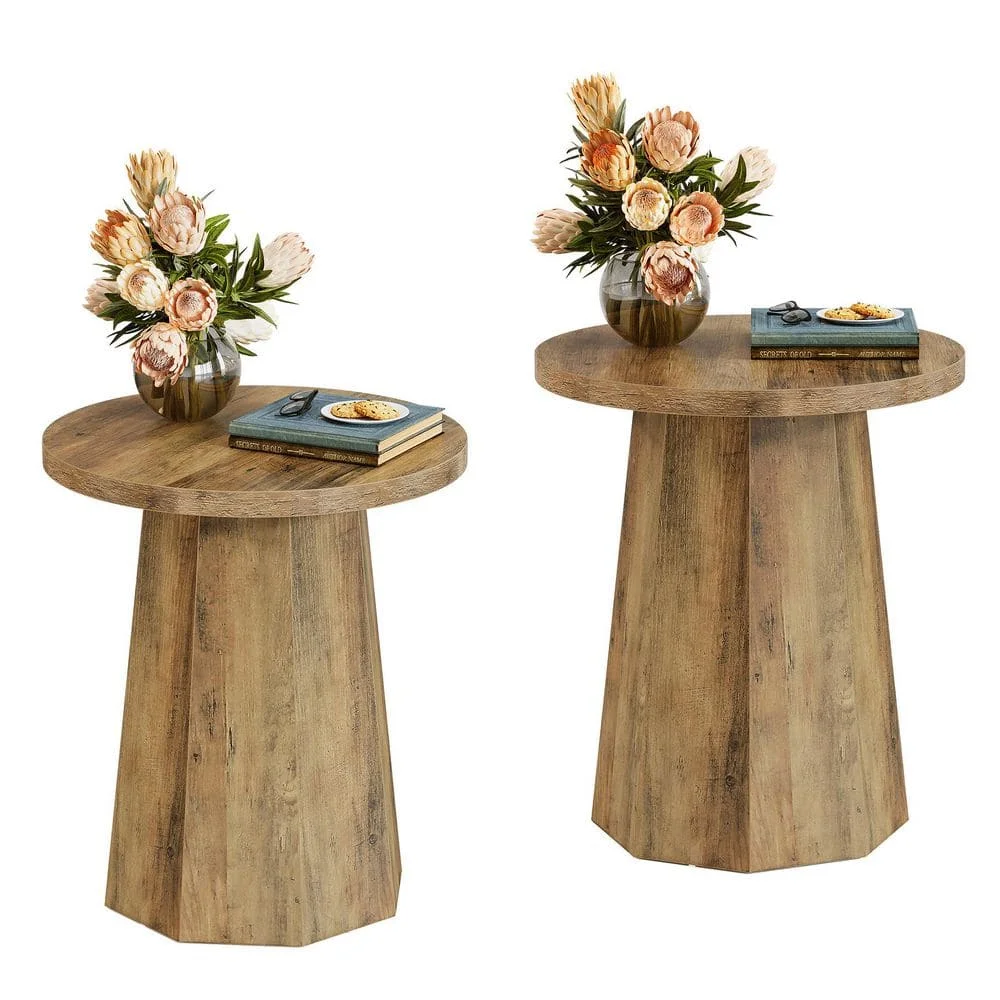19.69 بوصة. طقم طاولة نهاية خشبية مستديرة بنية مكونة من 2، طاولة جانبية للأريكة مع قاعدة مثمنة لغرفة المعيشة وغرفة النوم