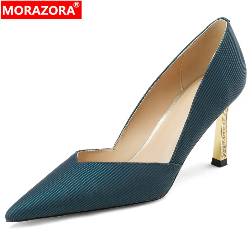 

MORAZORA 2024 New Slip On Genuine Leather Shoes Woman Rhinestone Ladies Party Pumps Shallow Thin High Heels Single Shoes