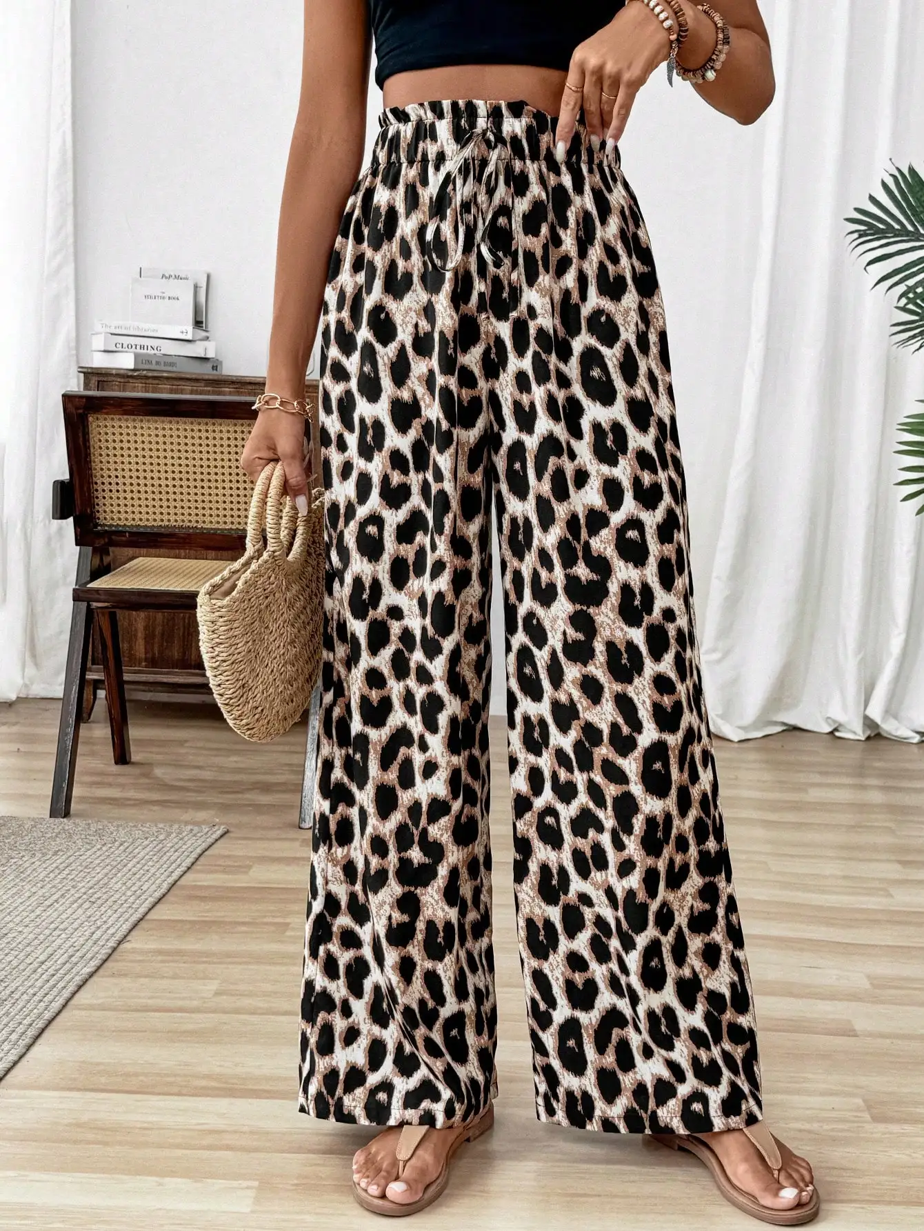 

Women's Leopard Print Wide Leg Pants with Elastic Waistband