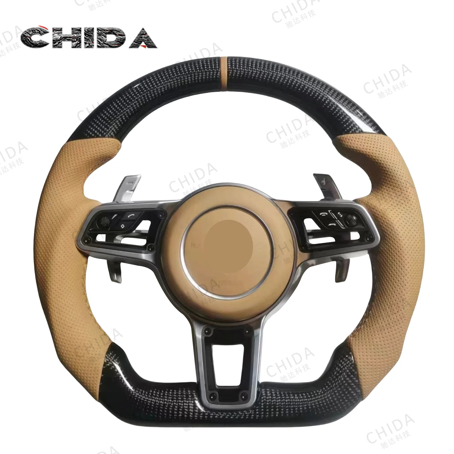

High Quality Carbon Fibre Brown Leather Steering Wheel For Porsches Panamera Cayenne Boxster 911 997 958 957 971 970 981 718