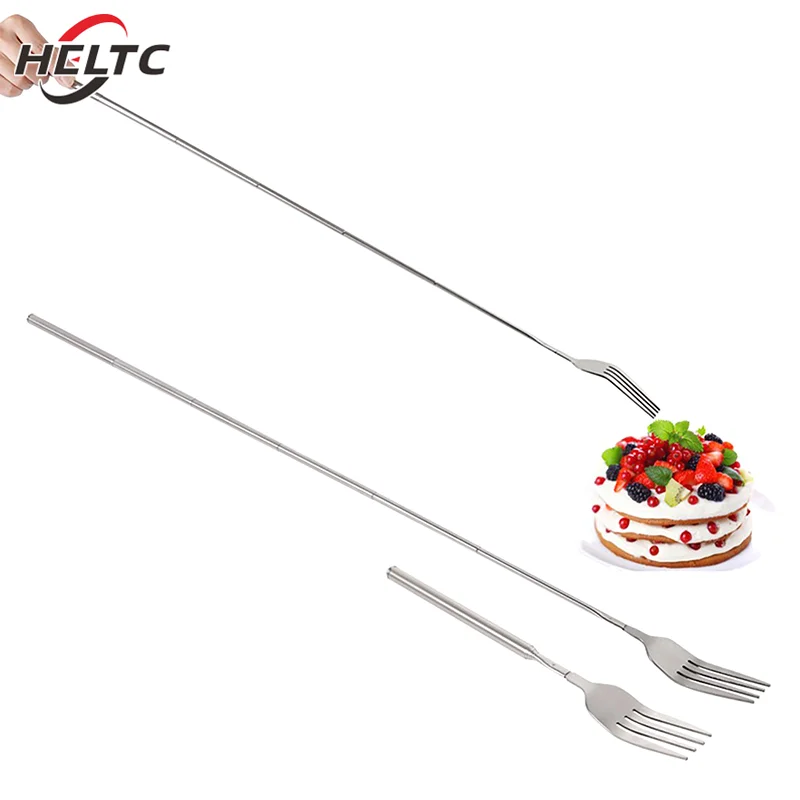 Silver Stainless Telescopic Extendable Spoon Fork Dinner Fruit Dessert Long Cutlery BBQ Meat Fork Kitchen Practical Tools