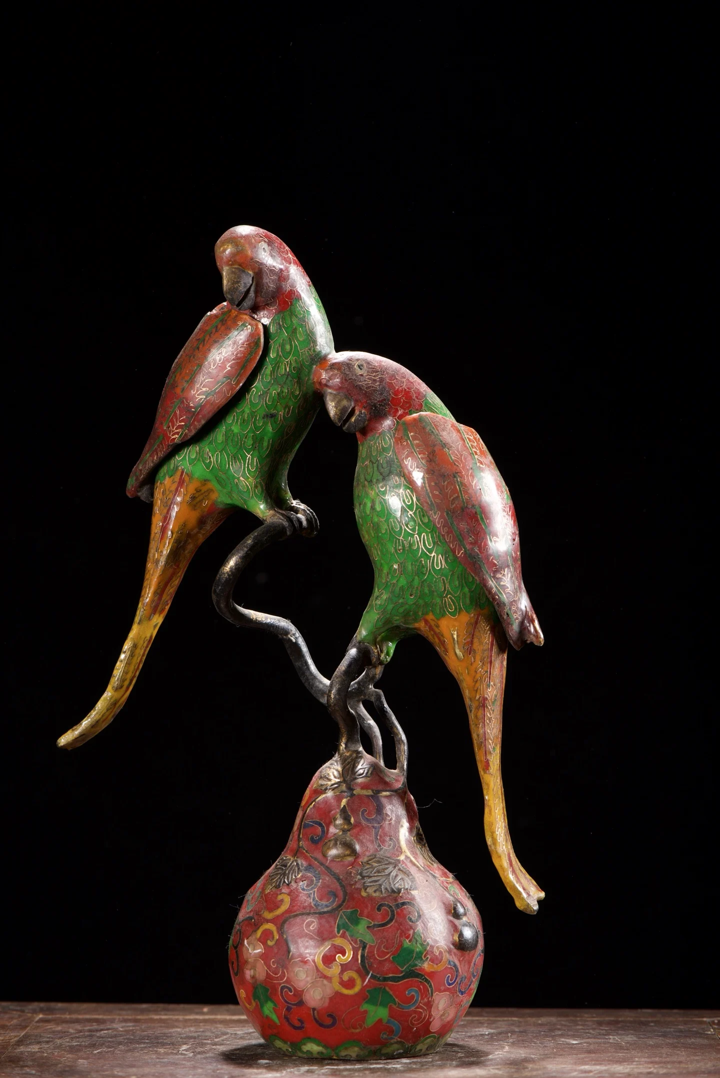 Old Bronze Cloisonne Flower texture Two parrot statues Base gourd Fulu Incense Burner Amass wealth Ornaments
