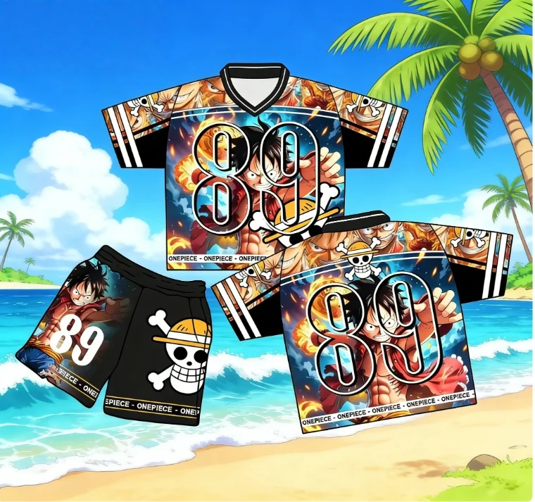 

Летний комплект 2026 Bandai Anime One Piece: повседневные модные уличные футболки и шорты для взрослых и детей в едином стиле