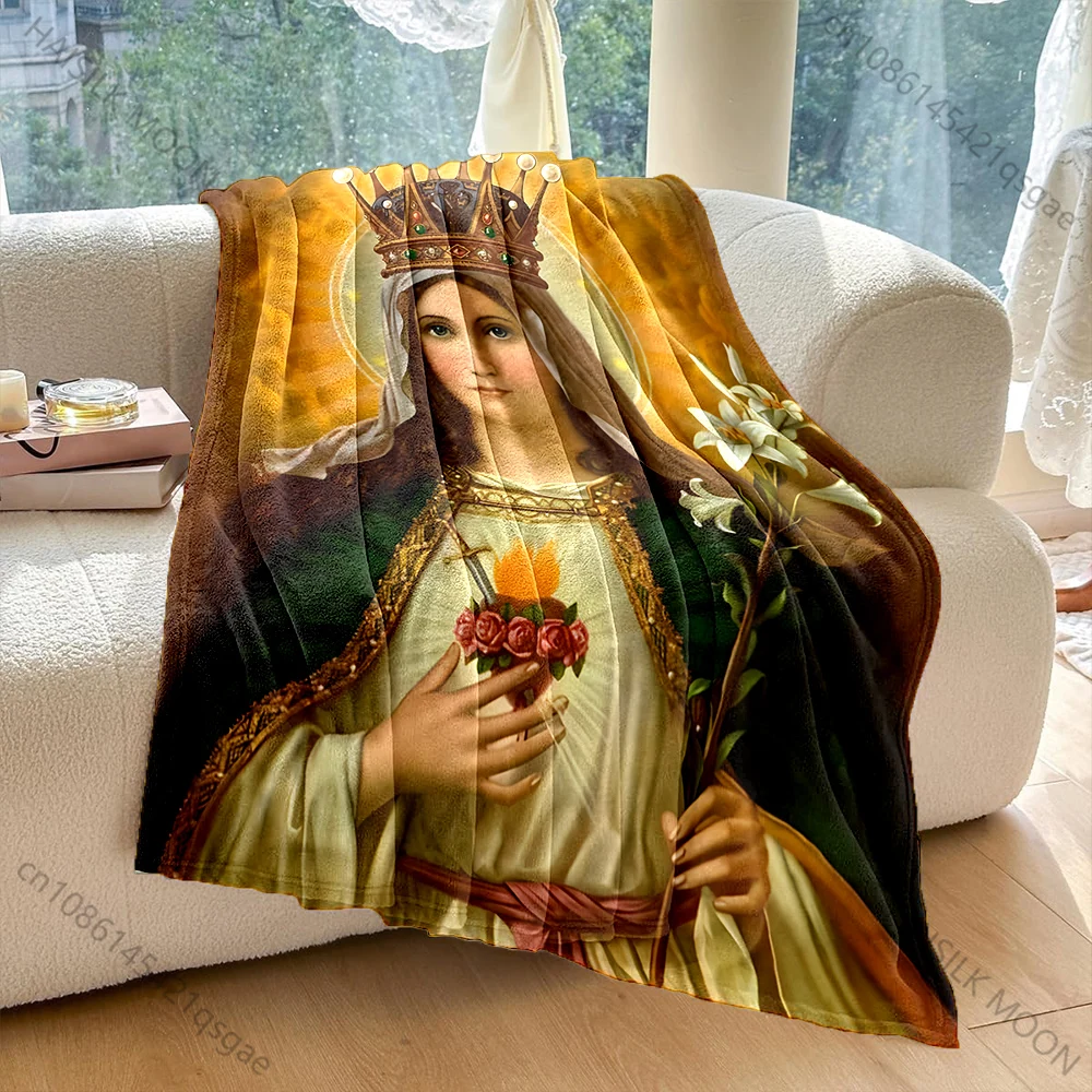 1PC Crowned icon with lilies Print Blanket Warm Soft Fluffy Kids and Adult Sofa Bed Throw Blanket Outdoor Travel Camping RV