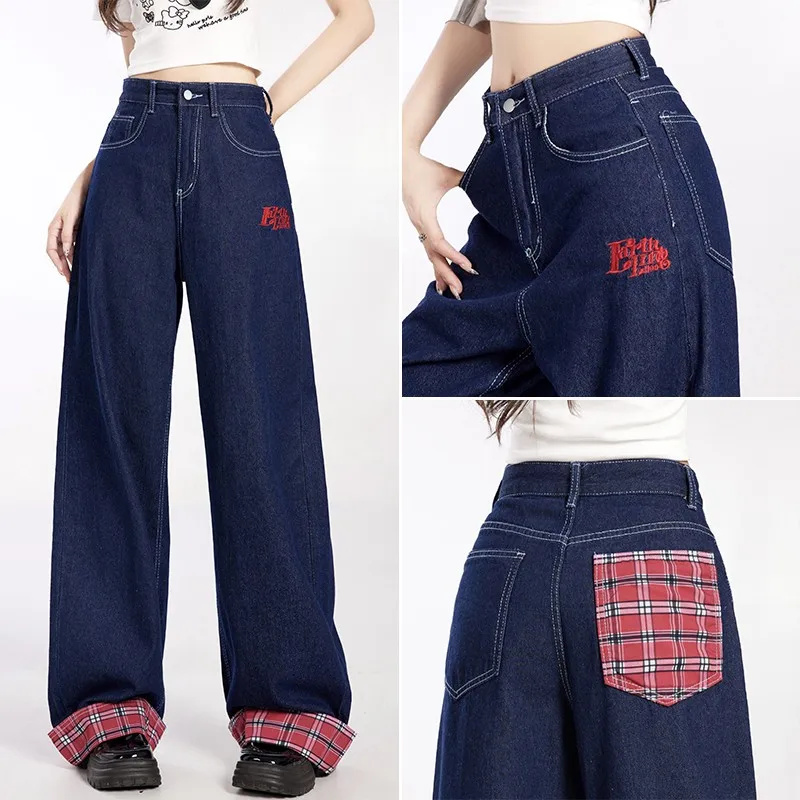 

ZHISILAO New Patchwork Lattice Wide Leg Straight Jeans Women Vintage Boyfriend Baggy Floor Length Denim Pants Streetwear 2024