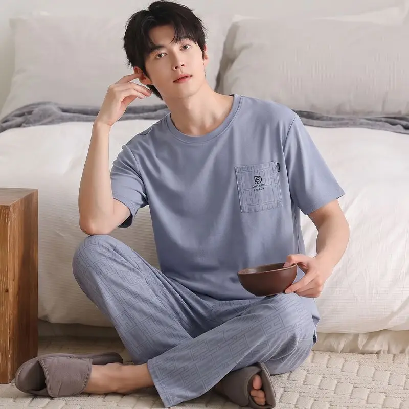 New Summer Plus Size 100% Cotton Short Sleeve Long Pants Pajama Sets for Men Korean Loose Sleepwear Pyjama Homewear Home Clothes