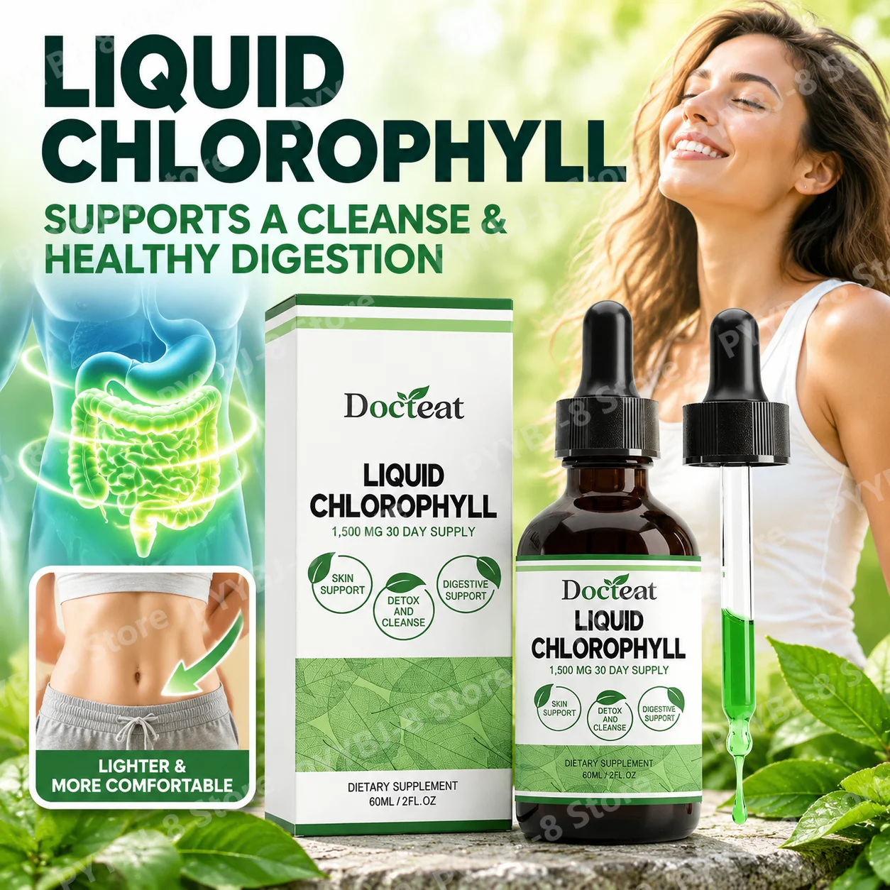 Docteat Liquid Chlorophyll Dropper with Sodium Copper Chlorophyllin 50mg for Internal Freshness & Body Odor Balance, 60 Servings