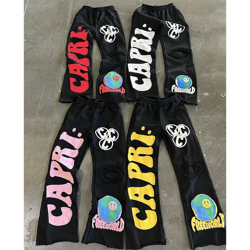 

American Street Hip Hop Embroidered Wide-leg Pants Men High Street Fashion Brand Floor-length Pants Loose Casual Knitted Pants