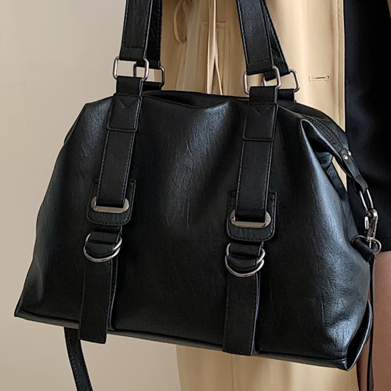 

Women's Black Large Tote Handbag Soft Quality Pu Leather Ladys Vintage Commuter Crossbody Bag Female Roomy Shopper Shoulder Bags