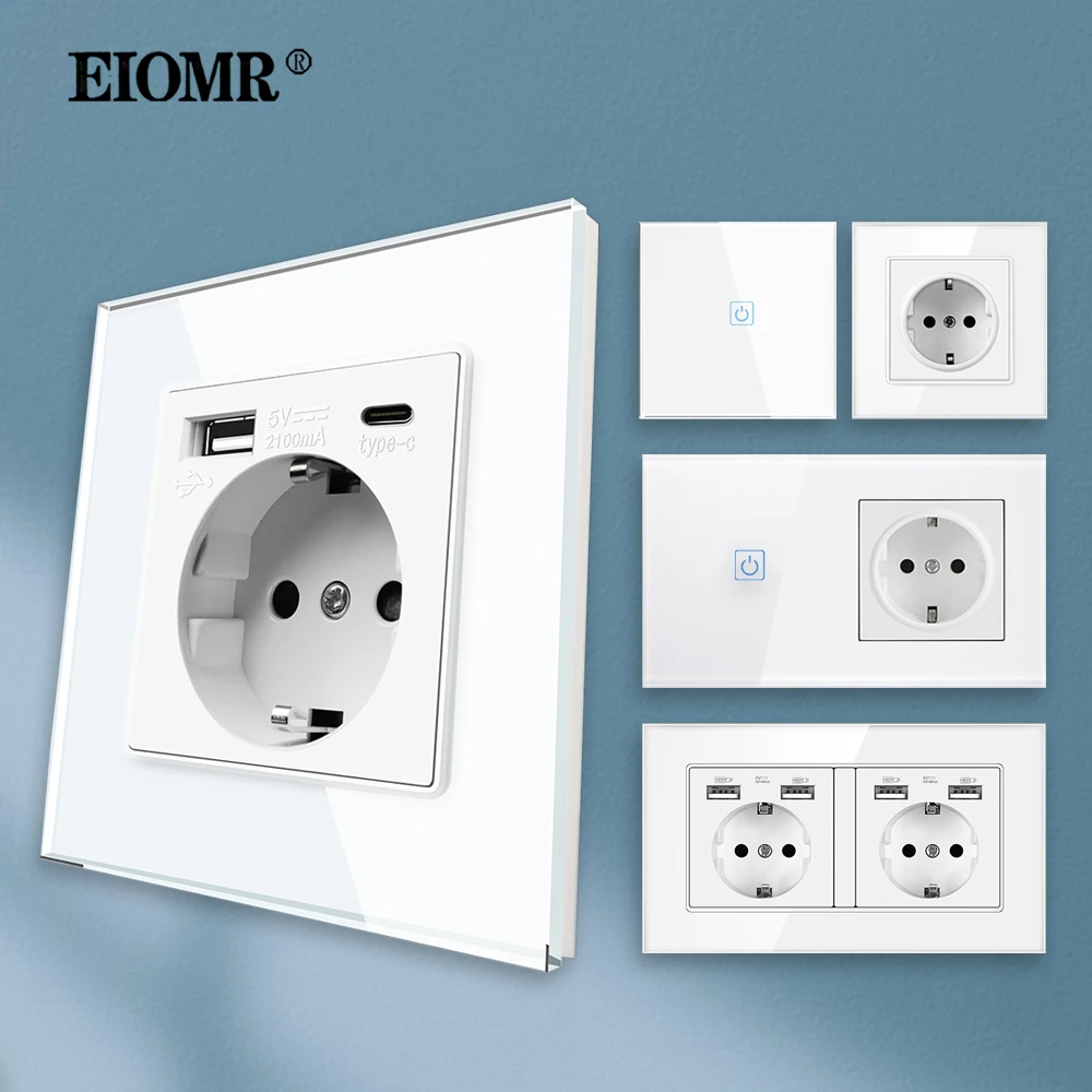 Eiomr branco luz interruptor de toque parede tomada de energia usb com painel de vidro cristal melhoria da casa ac 110v-250v 16a parede incorporado