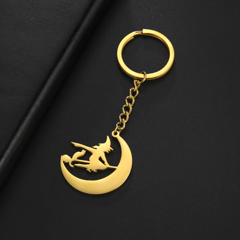 COOLTIME Halloween Cartoon Witch Cat Moon Keychain for Women Men Stainless Steel Gold Color Key Ring Holder Friends Gift Jewelry