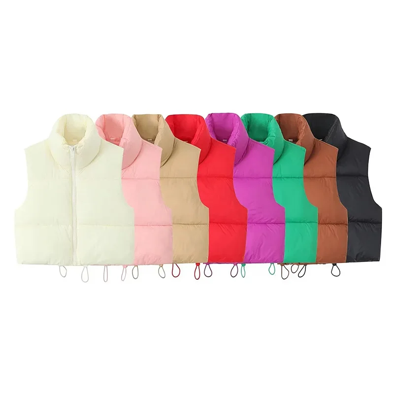 여성용 따뜻한 블랙 패딩 민소매 재킷, 짧은 코트, 2024 자홍색 크롭 조끼, 하이넥 다크 브라운 질렛, 시크한 Y2k