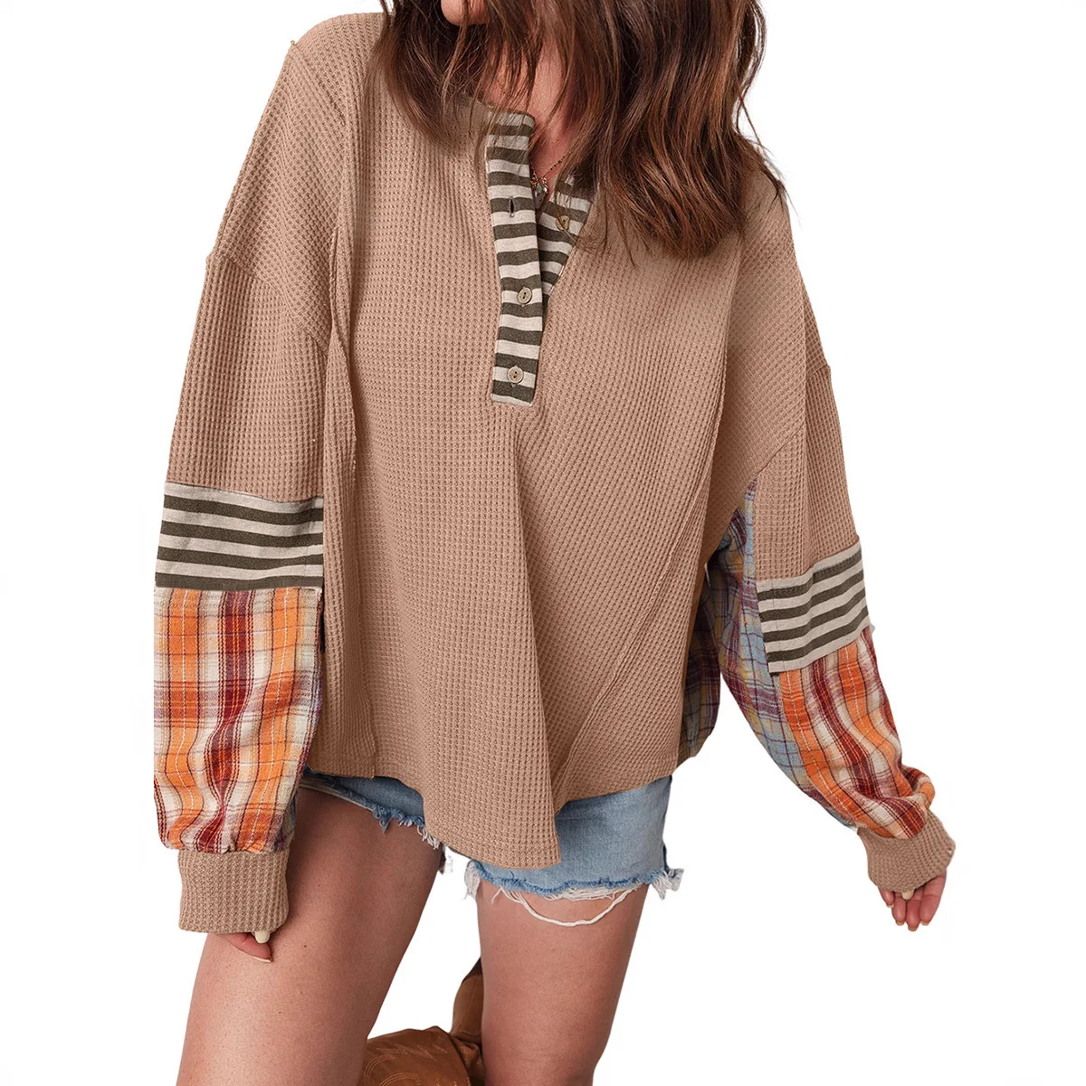 2025 Autumn Winter Fashion Patchwork Plaid Loose Casual Sweatshirts Women Full Sleeve Buttons Versatile Hipster Street Pullovers