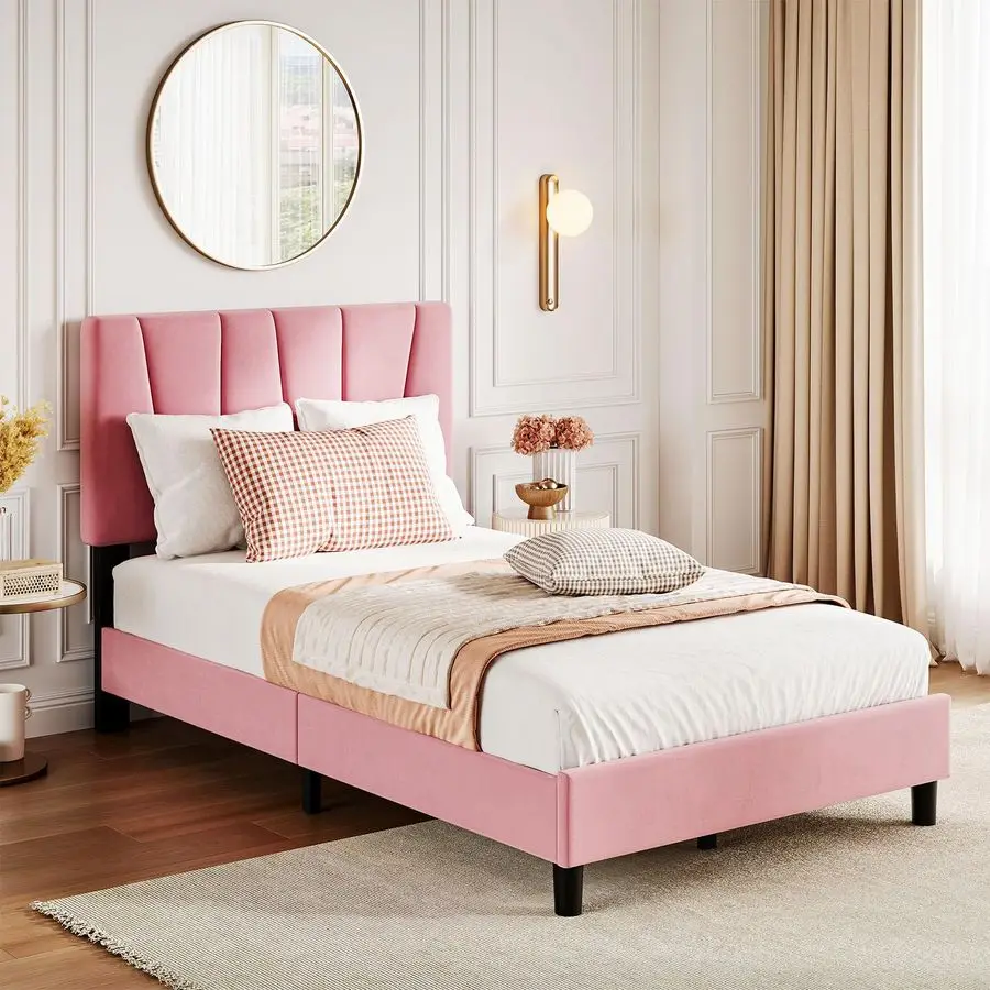Size Bed Frame with Headboard Adjustable, Modern Velvet Upholstered Twin Platform Bed Frame with Wooden Slat Support, No Box Spr