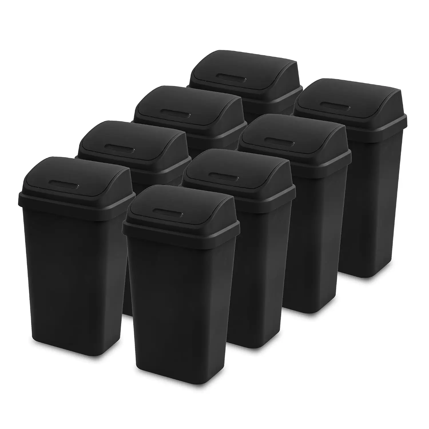 Swing Top Wastebasket, Trash Can, 13 Gallon, Black, 8-Pack