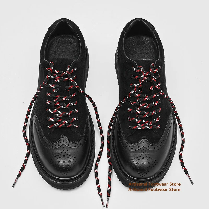 

Black Suede & Leather Brogue Shoes Platform Oxford Shoes with Red & White Laces Men's Chunky Casual Dress Shoes Men's Shoes
