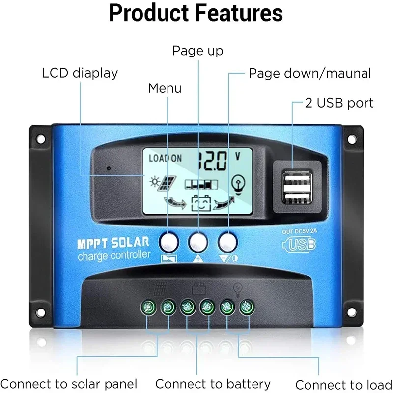 MPPT Solar Charge Controller PWM 100A 80A 60A 50A 40A 30A Photovoltaic Power Regulator Auto 12V/24V Dual USB LCD Load Discharger